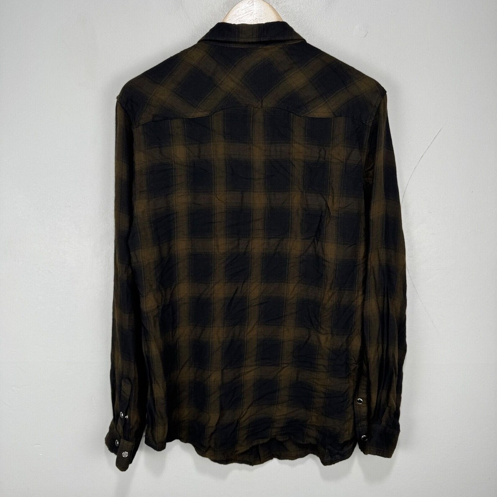 YoungLA Pearl Snap Western Flannel Shirt Men Medium Brown Black Check Rayon - Picture 6 of 9